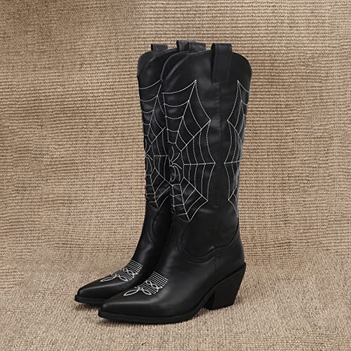 Women's Western Mid-Calf Boots Cowboy Embroidered Spider Web Boots Low Chunky Block Heel Knee High Gothic Boots Black，15 #TOP5