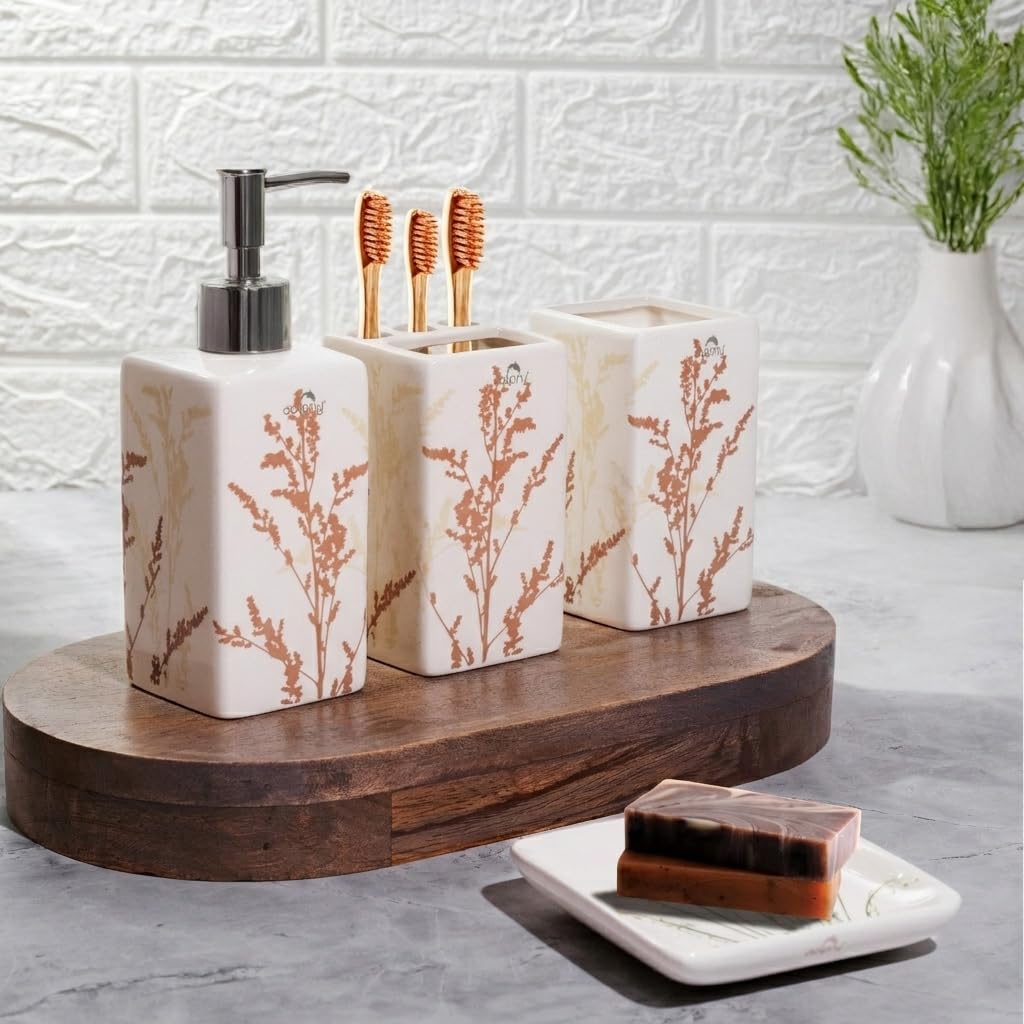 Dolphy Ceramic Bathroom Set – Stylish 4 Piece Bath Accessories Kit with Soap Dispenser, Toothbrush Holder, Tumbler & Soap Dish – Modern & Unique Designer Decor for Home & Guest Bathrooms- Orange-picture-12