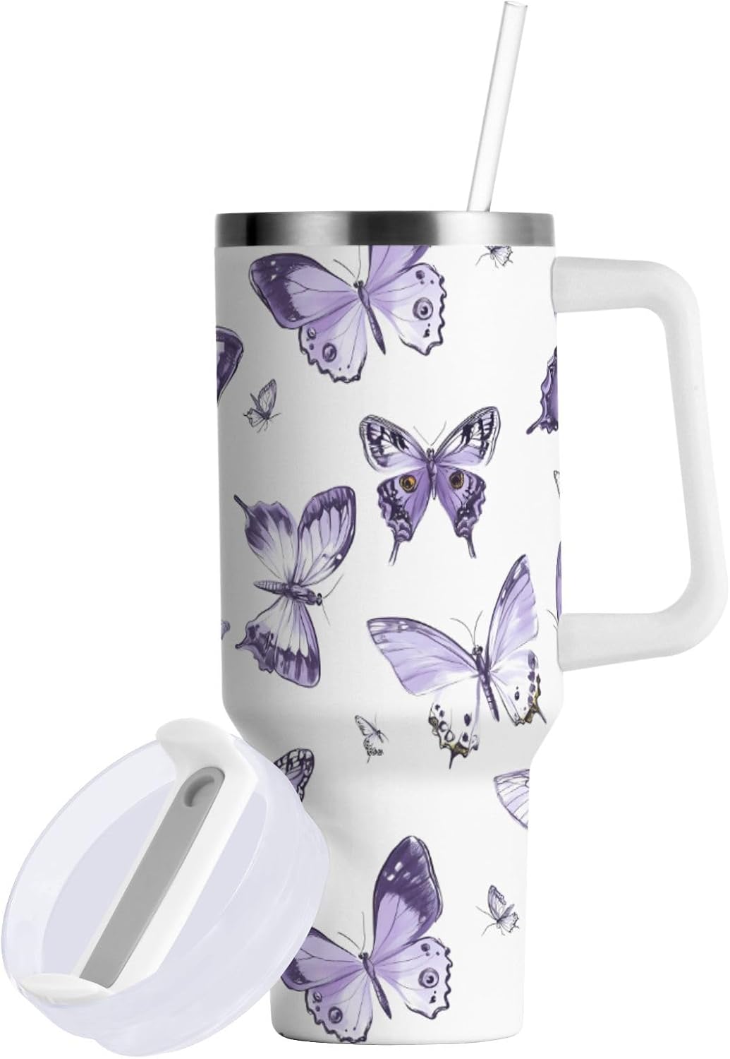 linqin Chic Purple Butterflies Vacuum Tumbler Insulated Leak-proof Lid and Straw 30 oz Stainless Steel Water Bottles Wide Mouth Travel Coffee Mug with Handle for Home, Office or Car