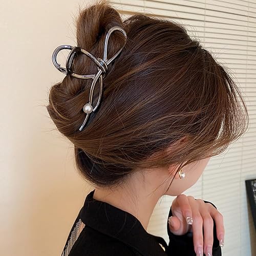 Miniatura 7 de Pinzas de metal grandes para el cabello con diseño de lazo negro y perlas blancas, pinzas antideslizantes para mujeres y niñas, agarre fuerte para