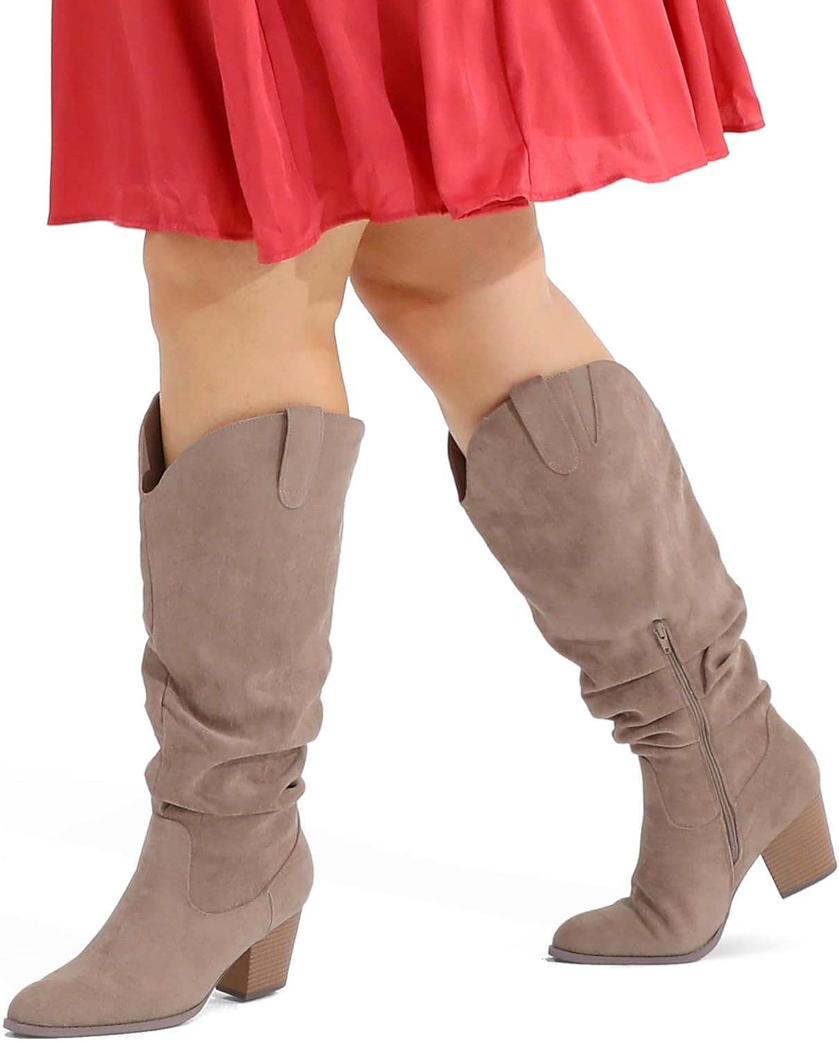 mysoft Women's Wide Calf Knee High Boots Cowgirl Low Chunky Stacked Heel Wide Width Pointed Toe Slouchy Tall Boots with Zippers
