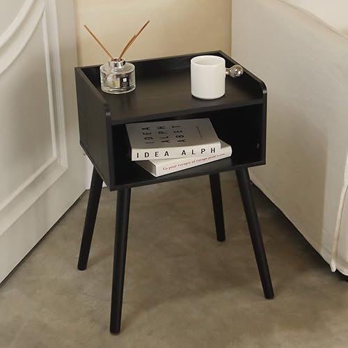 Miniatura 34 de MaxSmeo Mesita de noche, moderna de mediados de siglo, mesa auxiliar para dormitorio con almacenamiento, mesita de noche pequeña con patas de madera