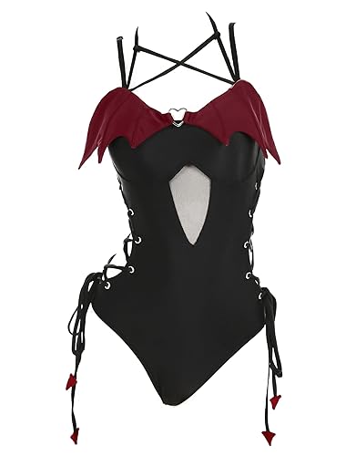 MEOWCOS Women's One Piece Swimsuits Gothic Swimsuit Devil Wings Tummy Control Bathing Suit One-Piece Swimwear - Small - Claret