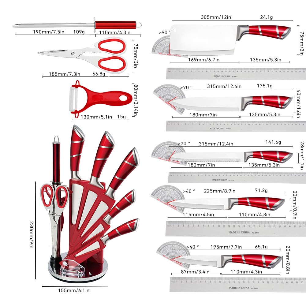 KEPEAK Set de Couteaux de Cuisine 9 Pièces avec Bloc Acrylique Rotatif – Couteaux de Chef Tranchants en Acier Inoxydable avec Fusil à Aiguiser – Pour Couper, Hacher, Émincer – Rouge