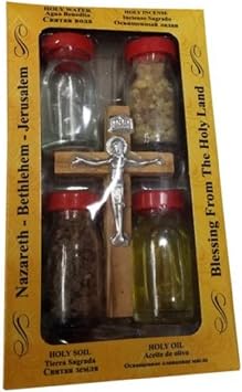 Bethlehem Gifts TM Olive Wood Cross Set with 4 Bottles - Anointing Oil, Jordan river Water, Holy Earth and Incense