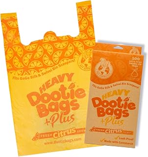 HEAVY Dootie Bags +Plus a Hint of Citrus Scent with EZ Tie Handles. For Pet Dog Poop, Cat Litter. Multi-Use. Fits Swivel Bin and Gogo Stik Scoopers. Made with Cornstarch. Strong, Leakproof, Very Large