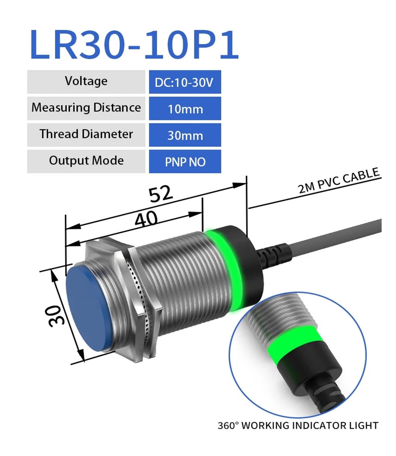 Indukcyjny czujnik zbliżeniowy serii M30 Wykrywanie odległości: 10 mm Montaż podtynkowy DC 6-36 V NPN/PNP Zakres: 2 m (DC 3-Wire PNP NO)