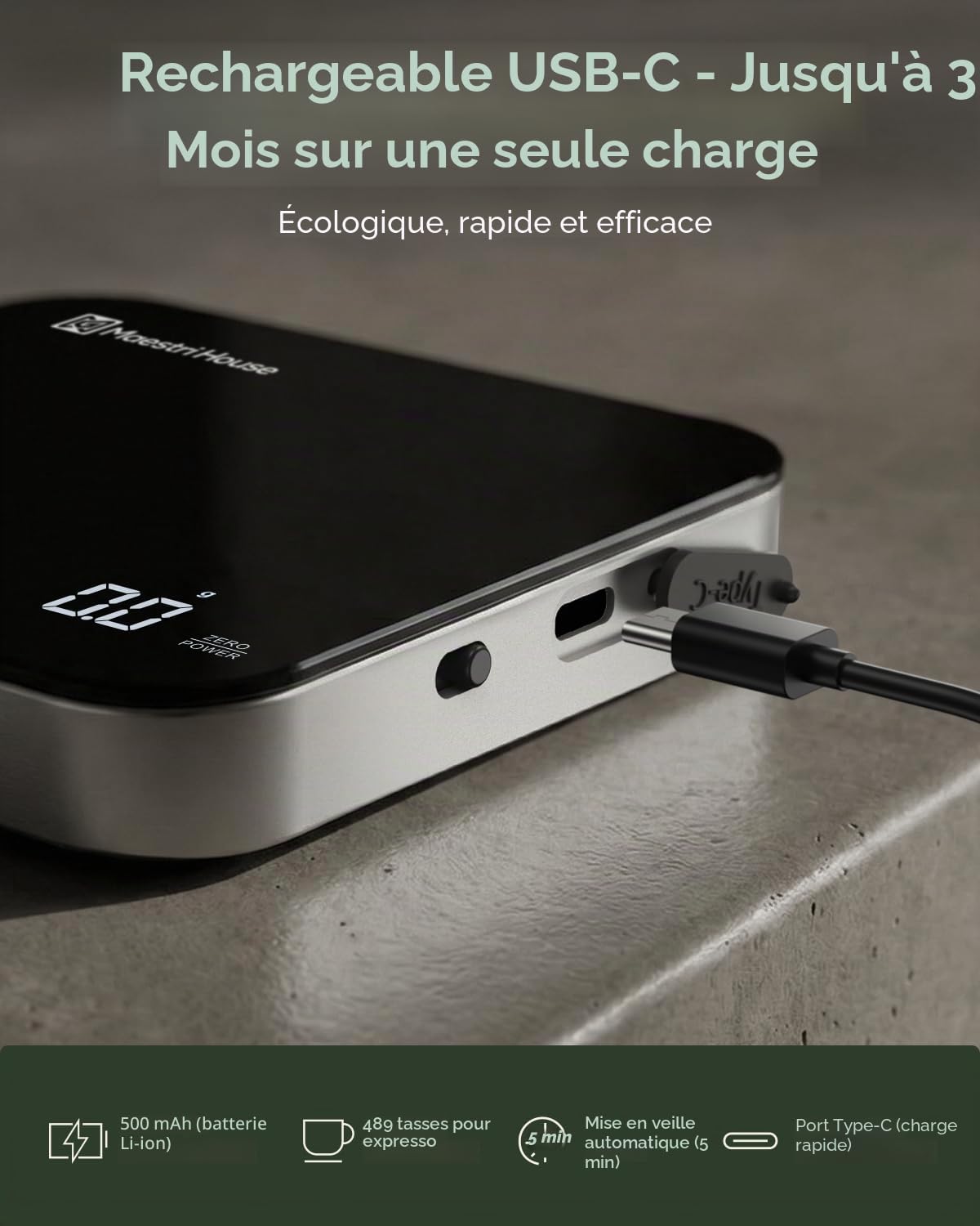 Balance de Cuisine Numérique Rechargeable, Maestri House pour Espresso, 2kg/0,1g de Précision, Minuteur Automatique, Balance Portable pour Café Espresso et Filtre-Noir & Argent