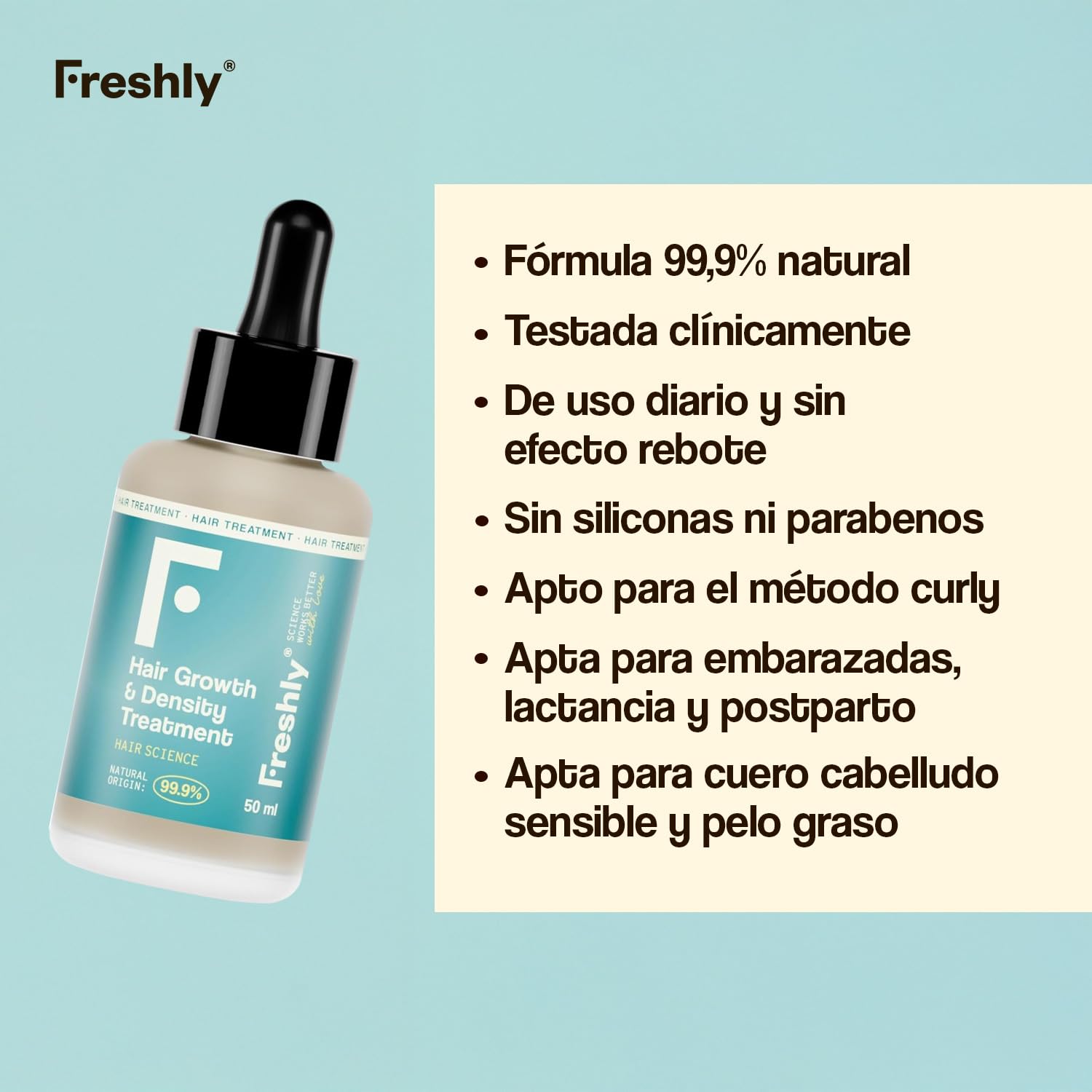 Freshly - Tratamiento Serum Capilar Anticaída del Pelo Hair Growth & Density Treatment - Fórmula 99,9% Natural - Para el Crecimiento y Densidad del Cabello - Pelo Fuerte y Saludable - 50 ml