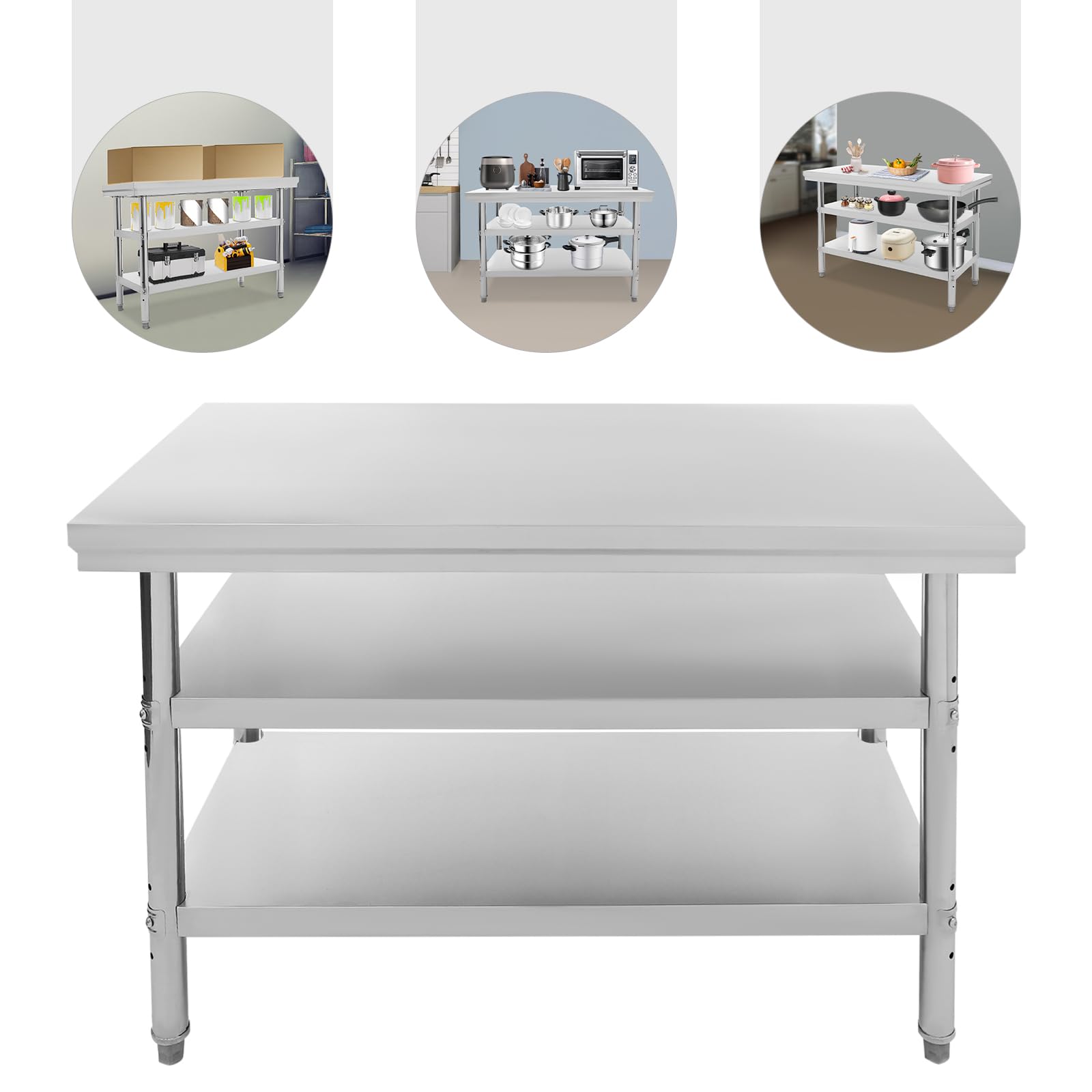 Tavolo da lavoro in acciaio inox, 3 ripiani, 120 x 60 x 90 cm | Tavolo da lavoro da cucina commerciale, portata fino a 100 kg, per cucine, garage, giardini