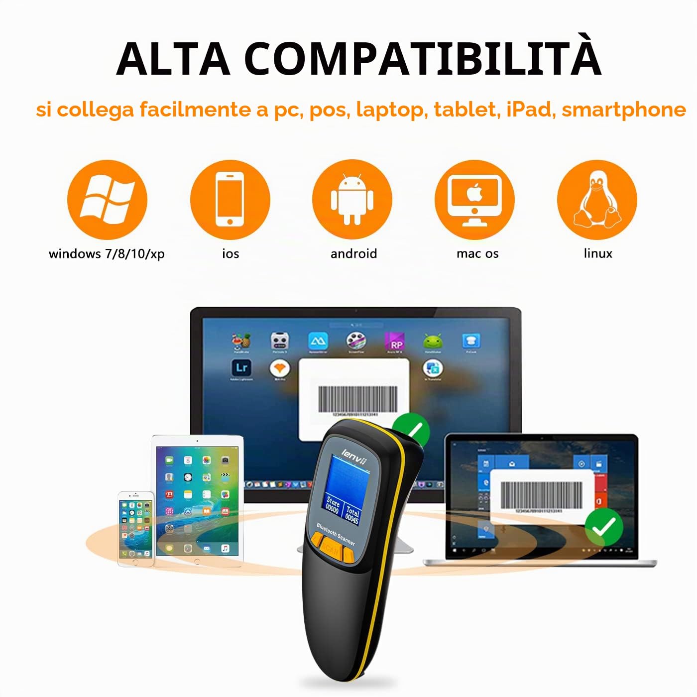 LENVII Scanner di Codici a Barre Bluetooth 2D, Scanner Wireless con Display | 3 in 1 Mini Lettore di Codici a Barre USB, Portatile 1D Barcode Scanner, per inventario e POS Compatibile Android, iOS (Nero)