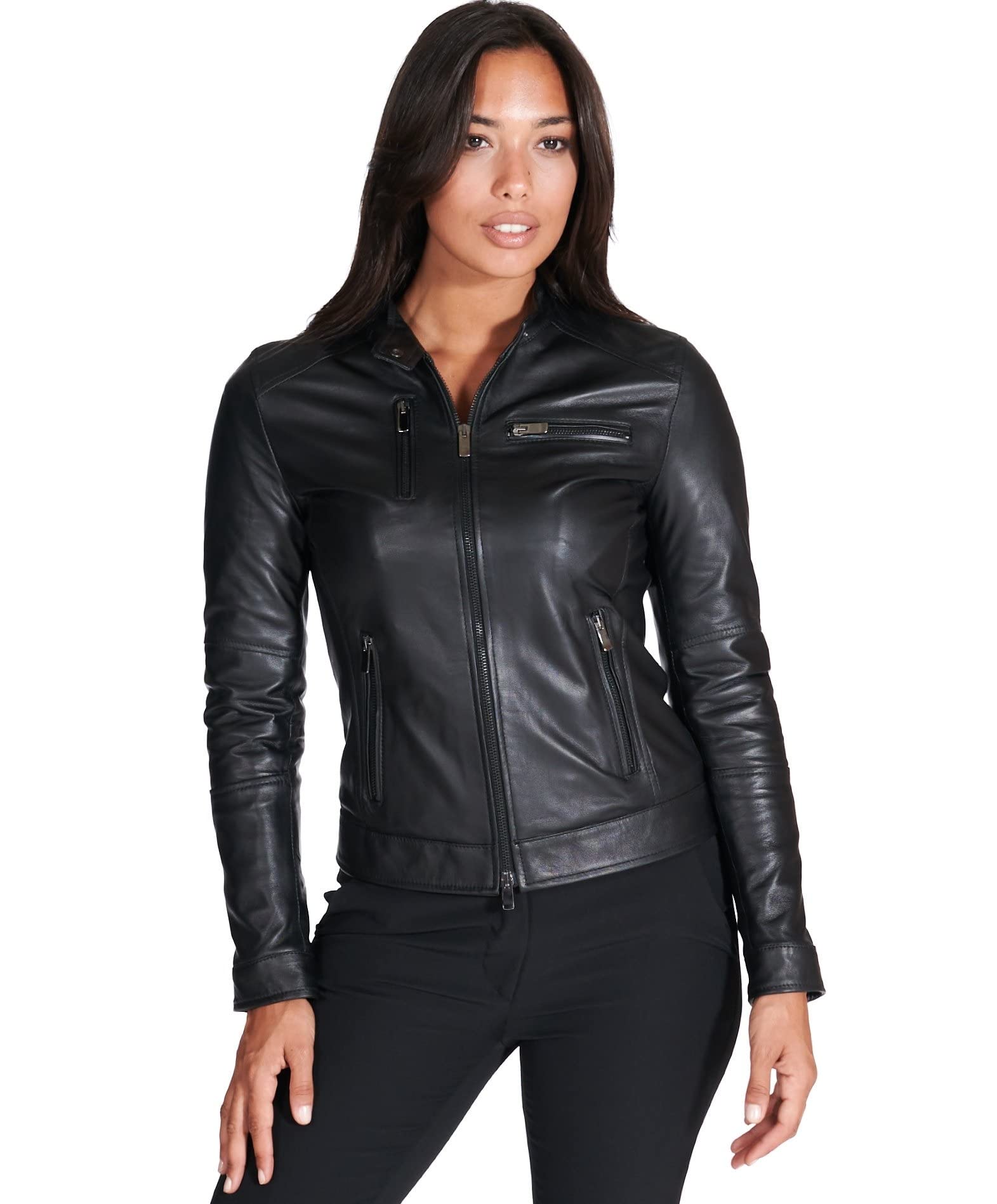 D'arienzo Women's Black Leather Biker Jacket Genuine Leather Made In Italy Giulia /M