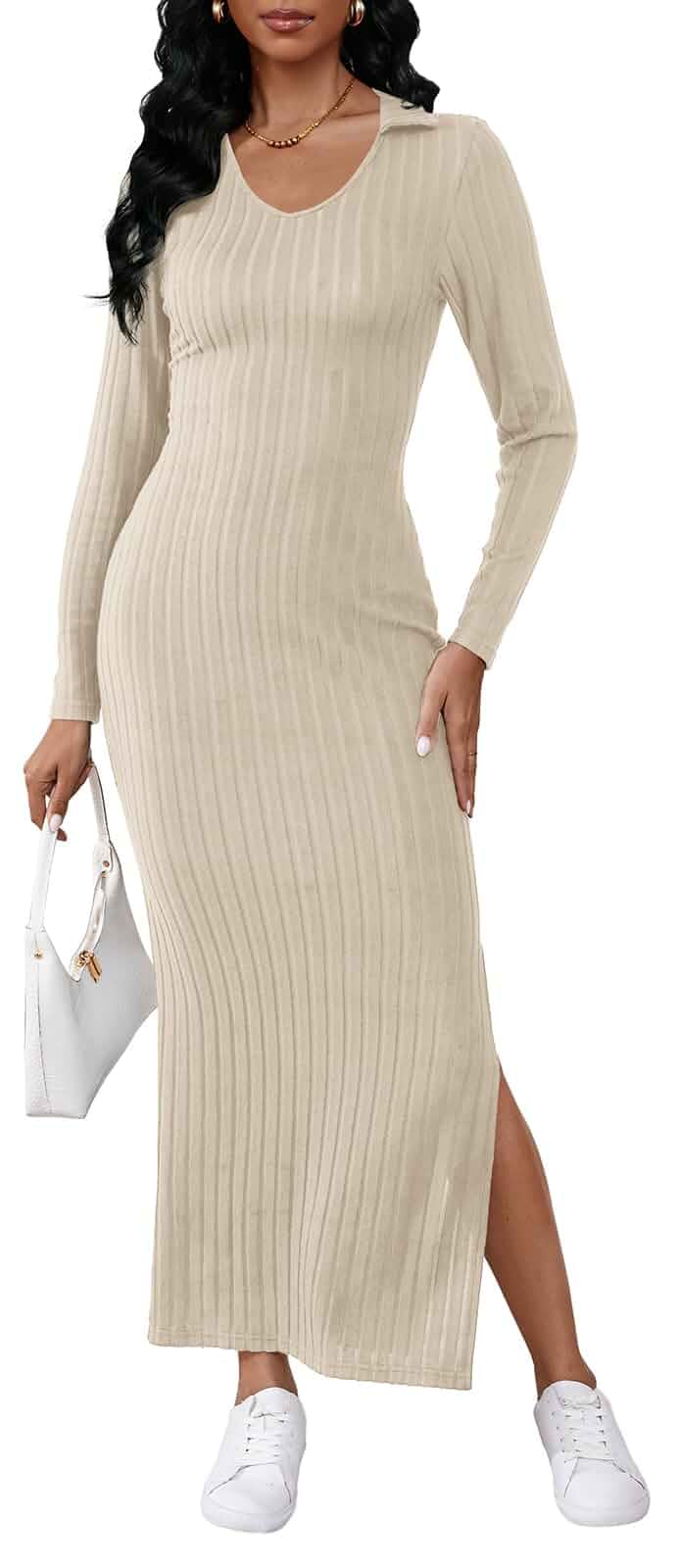 Women's Casual Long Sleeve Collar V Neck Maxi Sweater Dress Sexy Slit Thigh Ribbed Knit Bodycon Pencil Dresses Long Sleeve