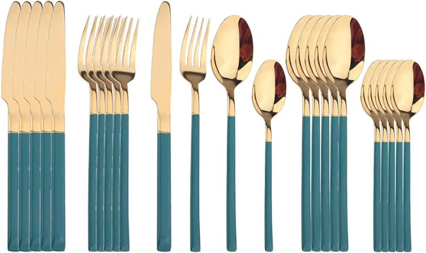 24pcs Tableware Set White Gold Cutlery Dinnerware Stainless Steel Upscale Specular Light Luxury Silverware Fork Spoon Knife (Color : Green Gold) (Gold)
