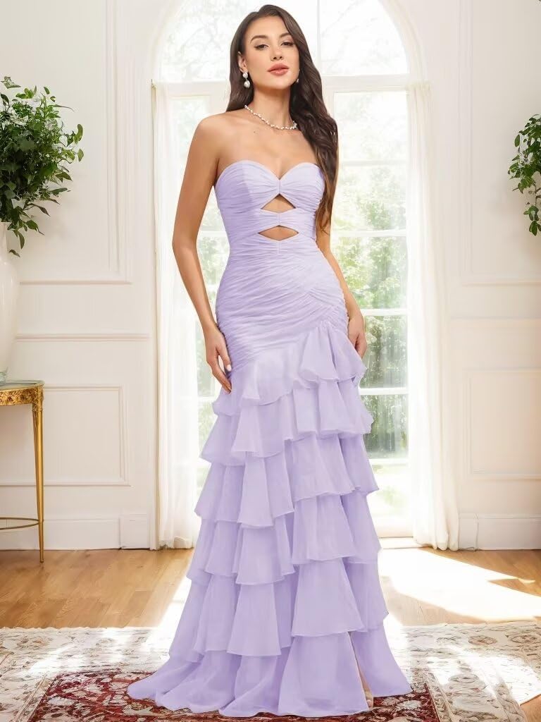 Tiered Ruffles Prom Dresses with Slit for Women Strapless Mermaid Formal Gowns Chiffon Long Evening Party Dress MX14 - Image 2
