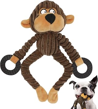 HGB Squeaky Monkey Dog Toys, Soft Plush Puppy Toys with Teething Rings, Interactive Tug Training Chew Toy for Small Dogs