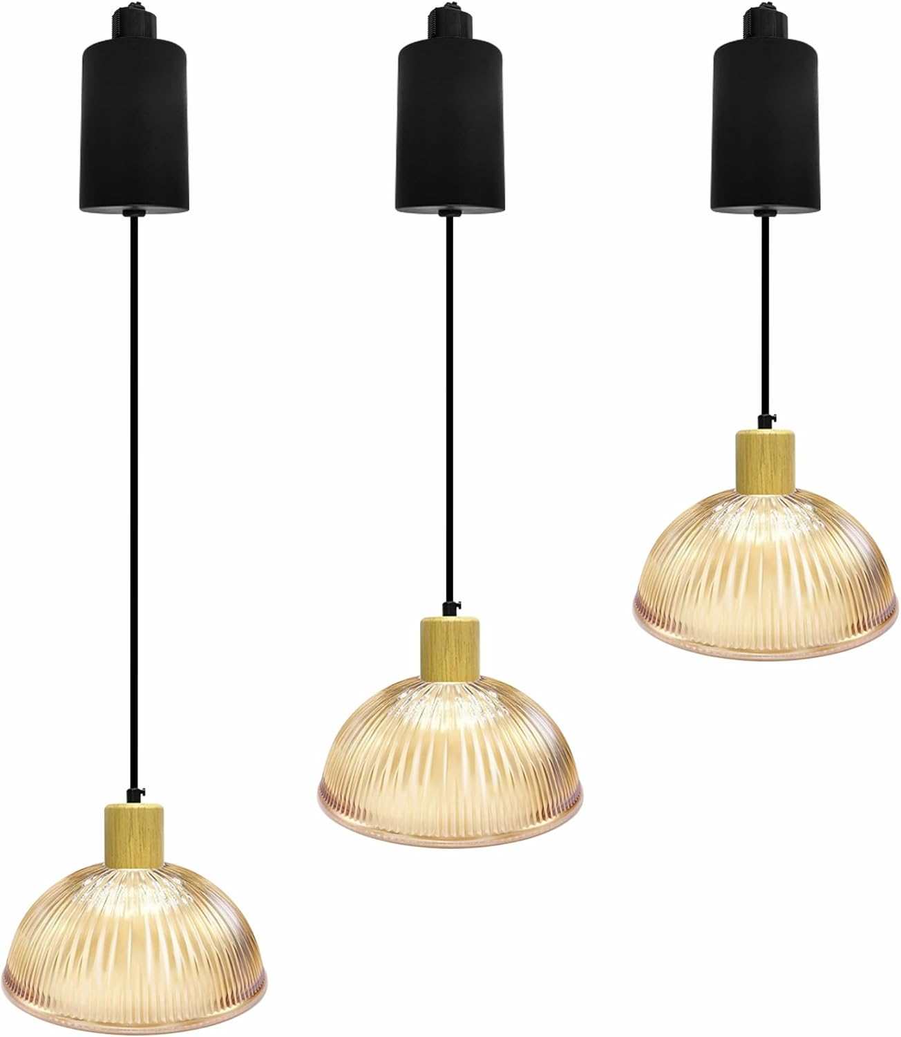Adjustable Height Halo Track Lighting Pendants, 6.5 ft Cord, H-Type Dimmable Vintage Natural Wood E26 Socket Chandeliers Handmade Ribbed Blown Glass Shade for Kitchen Island Vaulted Ceiling