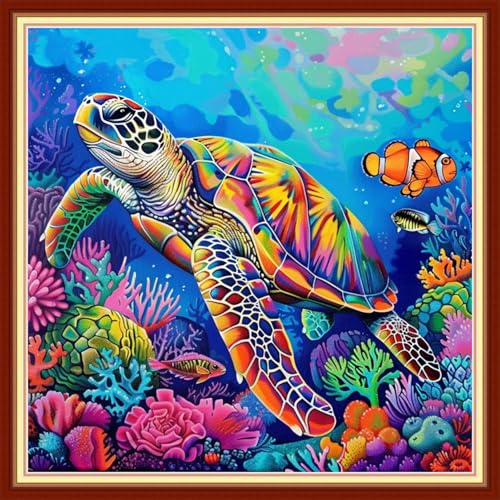 Image of Joyhoor Stamped Cross Stitch Kits for Beginners Needlepoint Kits for Adults Embroidery Kits 11CT Counted Cross Stitch Kits Printed Embroidery Pattern-Colorful Sea Turtle 18x18 inchs