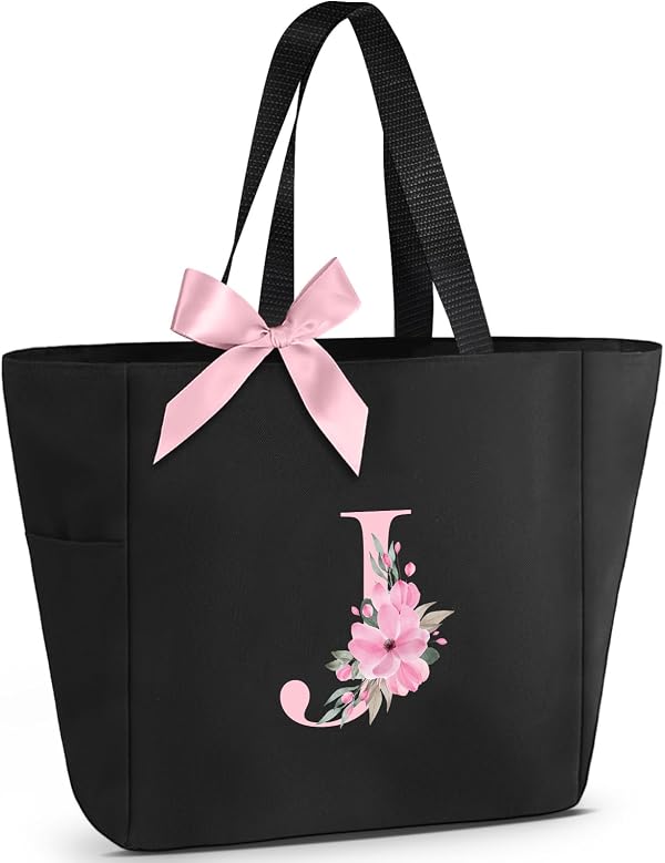 Vavabox Sac Cabas Personnalisé avec Initiale A-Z, Cadeau Imperméable pour Femmes, Demoiselles d'Honneur, Maman, Enseignantes, Amies (J, Noir)