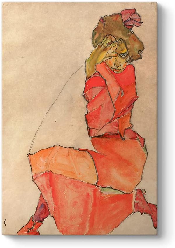 Egon Schiele - Kneeling Female in Orange-Red Dress Tablosu 70 x 100