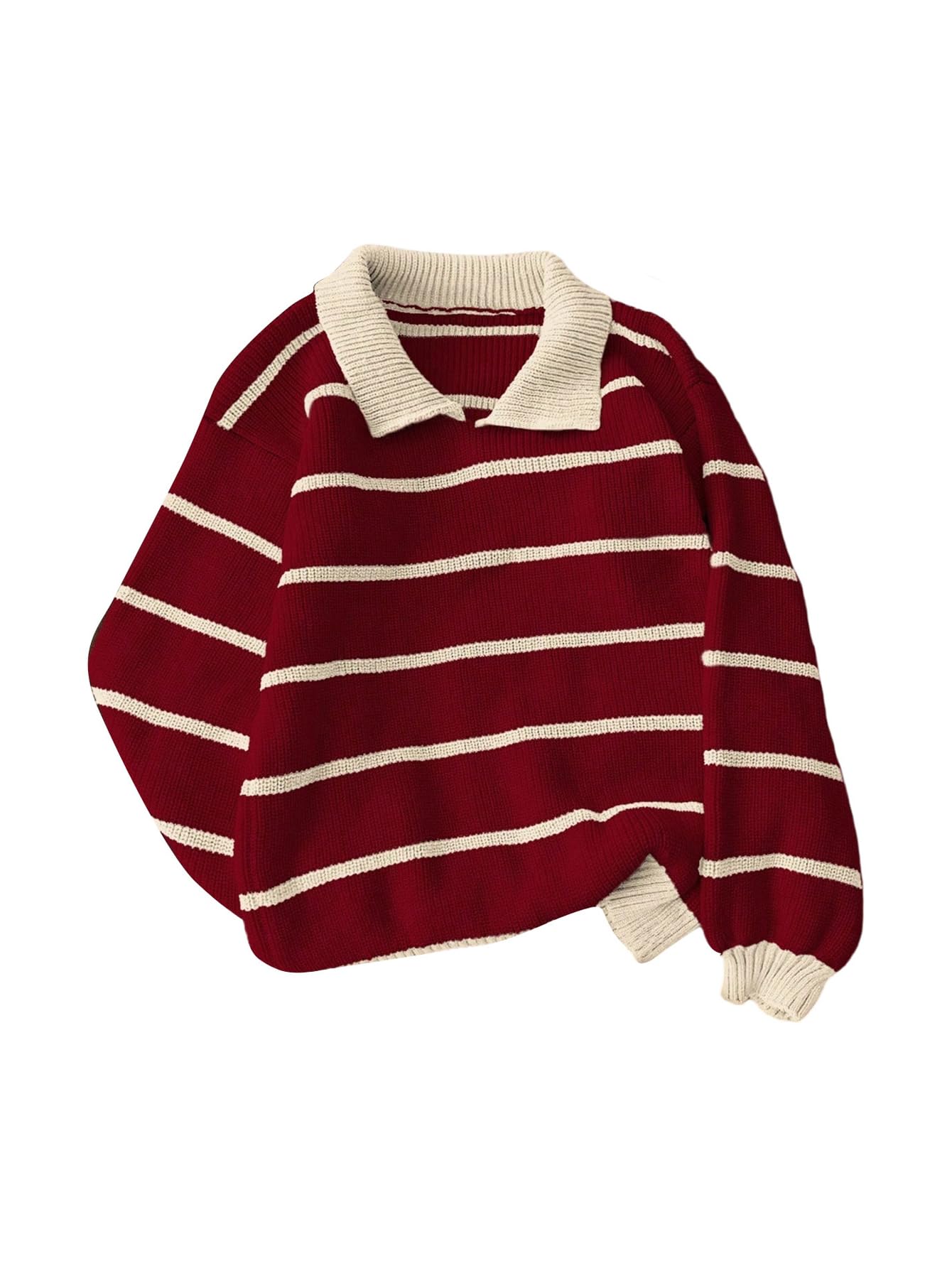Women's Collared Striped Sweaters Preppy Oversized Knit Fall Pullover Sweater-image-19