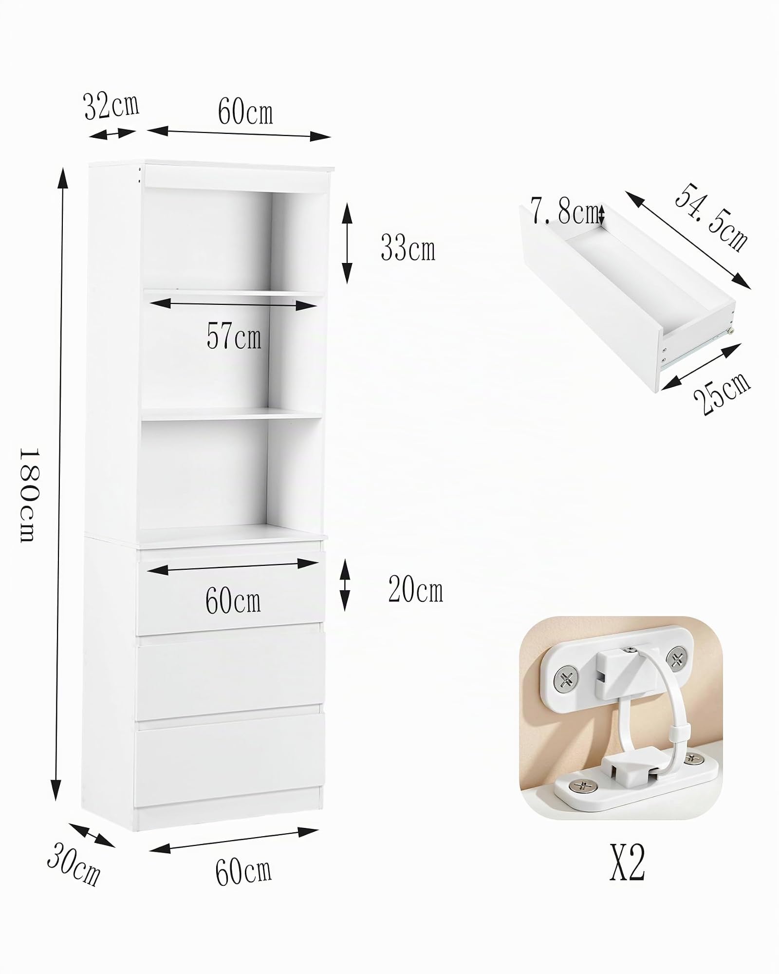 Estantería Libros Blanca con Cajones 60x32x180cm Libreria Alta para Salón Oficina Dormitorio Almacenaje Mueble Blanco