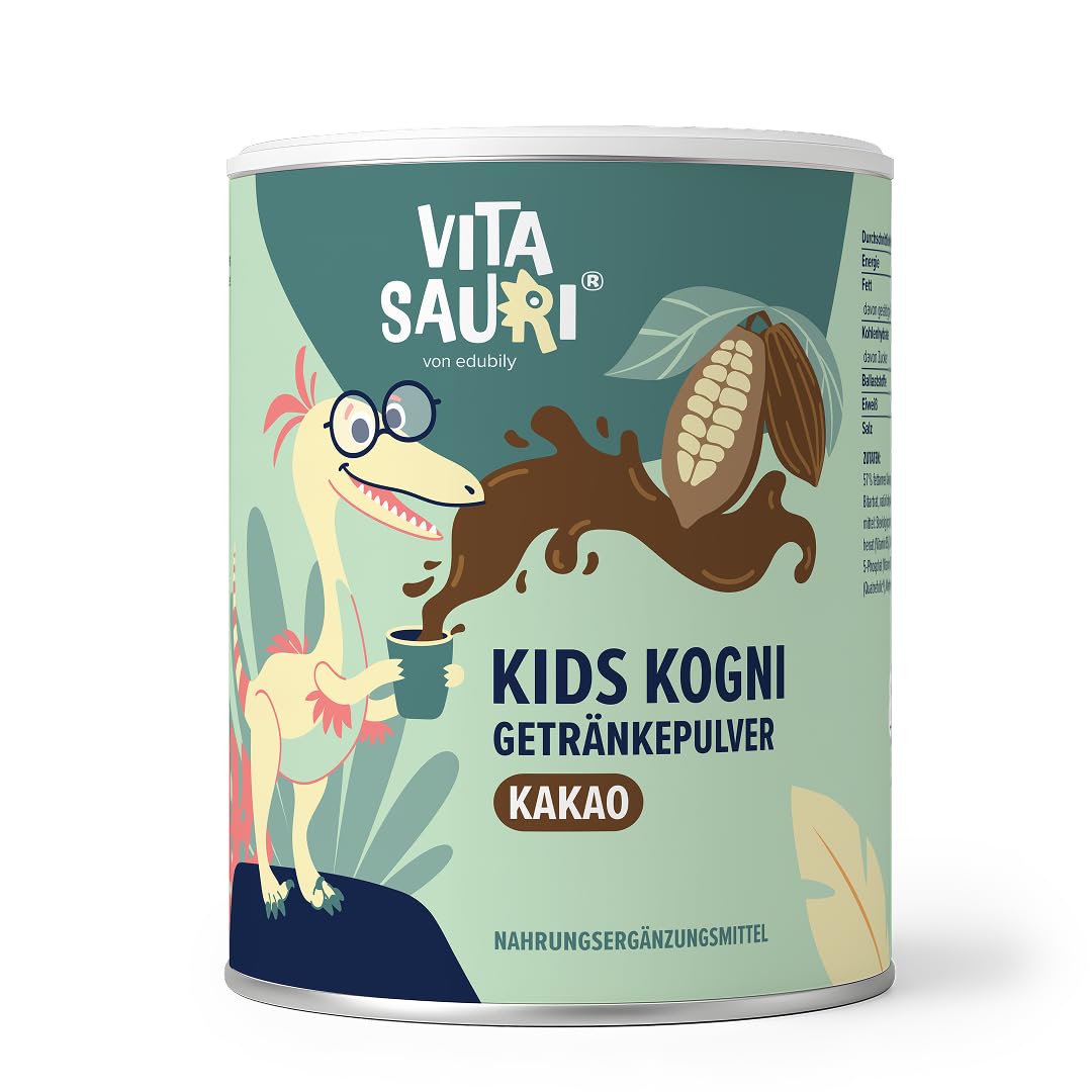 Kids Kogni - Kakao Getränkepulver zuckerfrei für Kinder - Mit B-Vitaminen, Zink, Cholin, L-Theanin und resistentem Dextrin - mit Stevia gesüßt (240 g)