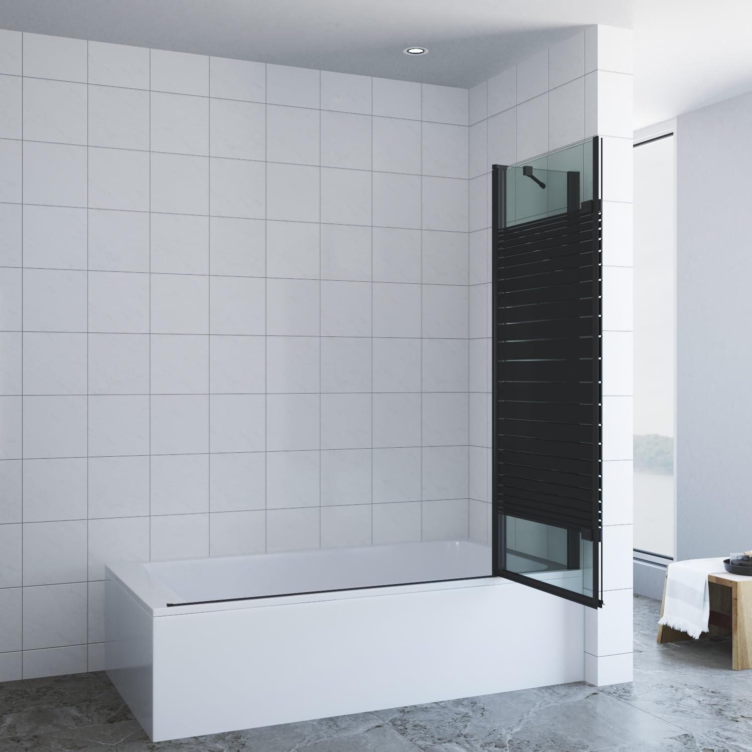 Duschabtrennung Badewanne schwarz 150 x 140 cm Badewannenaufsatz 3 Teilig faltbar Duschtrennwand Faltwand Badewannenfaltwand Duschwand Glas Dusche Festteil mit Eckregale 5 mm Sicherheitsglas ESG NANO