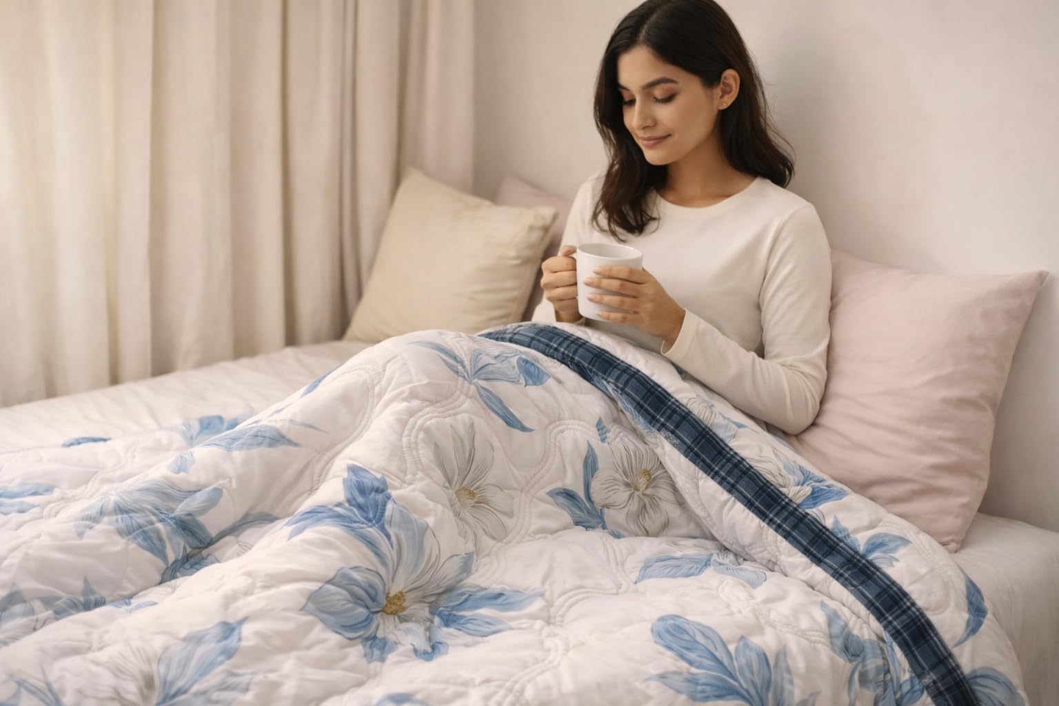 Super Soft Glace Cotton King Size AC Double Bed Comforter II Blanket (Blue and Beige)-image-28