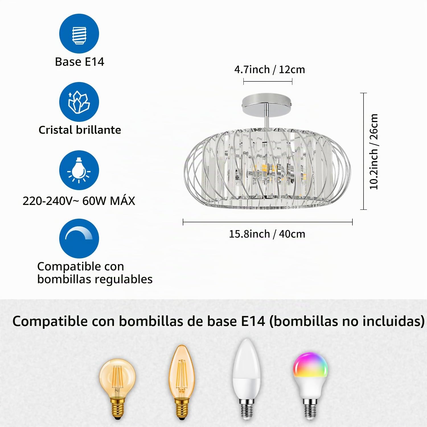 ANWIO Lámpara de Techo de Cristal, Lampara Salon Techo Cristal con 3 E14 Base, Lámpara Colgante Moderna Plateado, Lampara Techo Crystal con Dormitorio, Cocina, Comedor(40CM, Sin Bombilla)