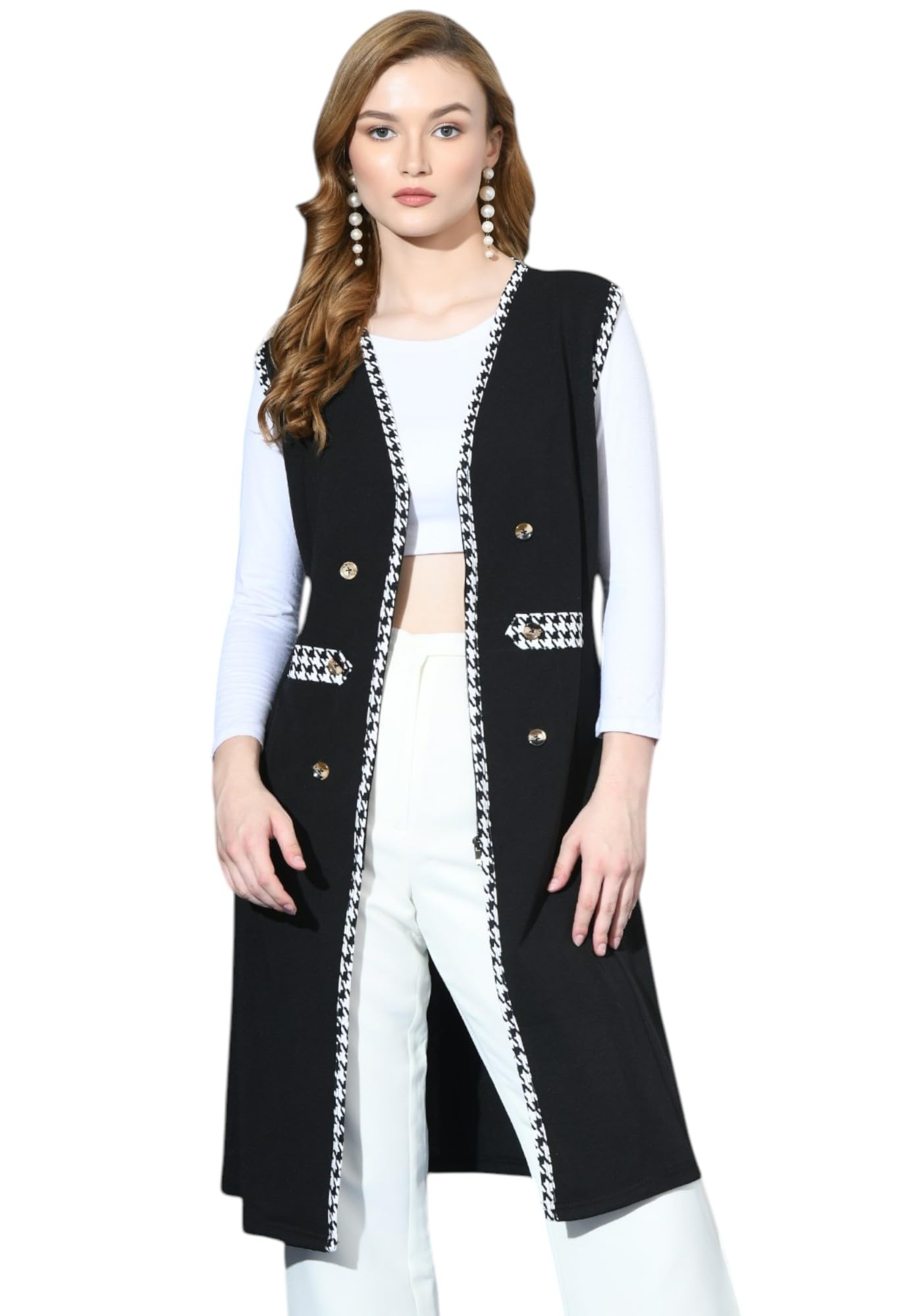 Women’s Black Sleeveless Long Shrug with Houndstooth Border