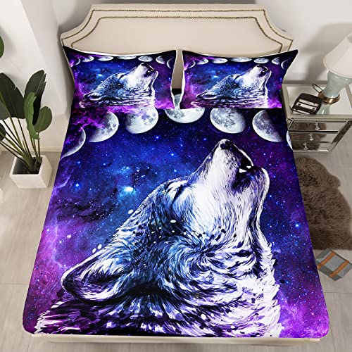 Erosebridal Howling Wolf Bed Sheets Blue Purple Starry Sky Sheet Set Twin Size,Galaxy Series Fitted Sheet for Child Teens Youth Man,Trippy Stars Moon Top Sheet Wild Animal Themed Room Decor