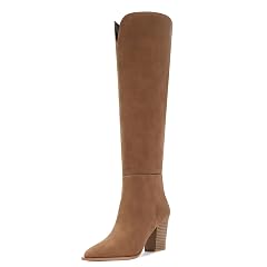 Knee High Boots for Women Comfortable Chunky High Heel Pointed Toe Wide Calf Leather Tall Boots with Side