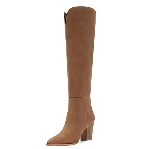 Knee High Boots for Women Comfortable Chunky High Heel Pointed Toe Wide Calf Leather Tall Boots with Side