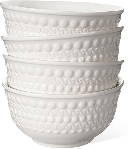 Cuencos pequeños de cerámica  Juego de 4 cuencos de helado de 14 onzas, cuencos de postre en relieve blanco para cocina, sopa, guarniciones, avena,