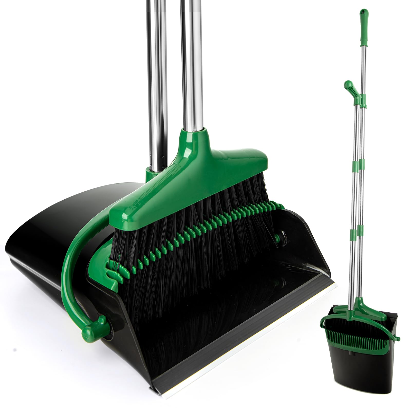 Balai et pelle à poussière avec long manche extensible noir et vert