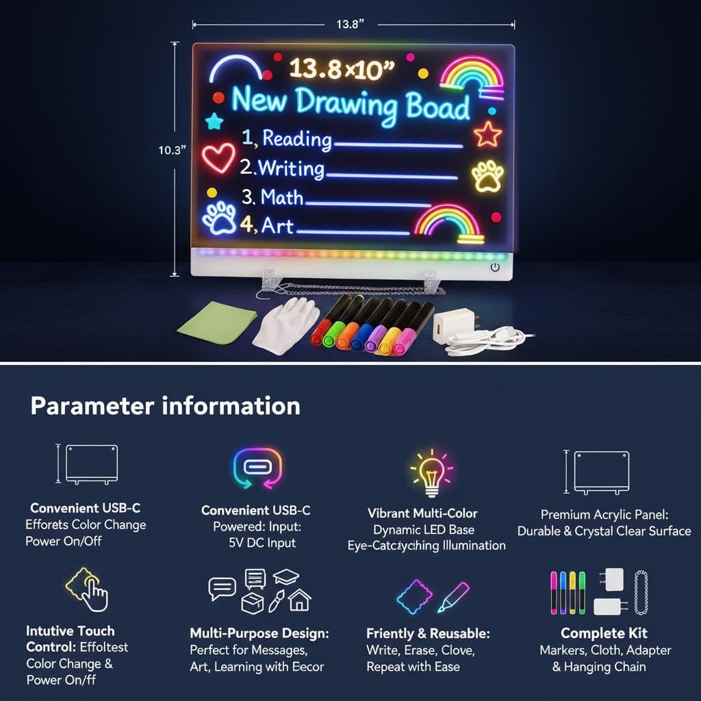 2026 New LED Drawing Board for Kids,Creative Rewritable Acrylic LED Message Board,13.8"X10" Light up Drawing Board with 7 Colored Brushes and a Full Set of Tools,Supports 7 Colors and 4 Modes
