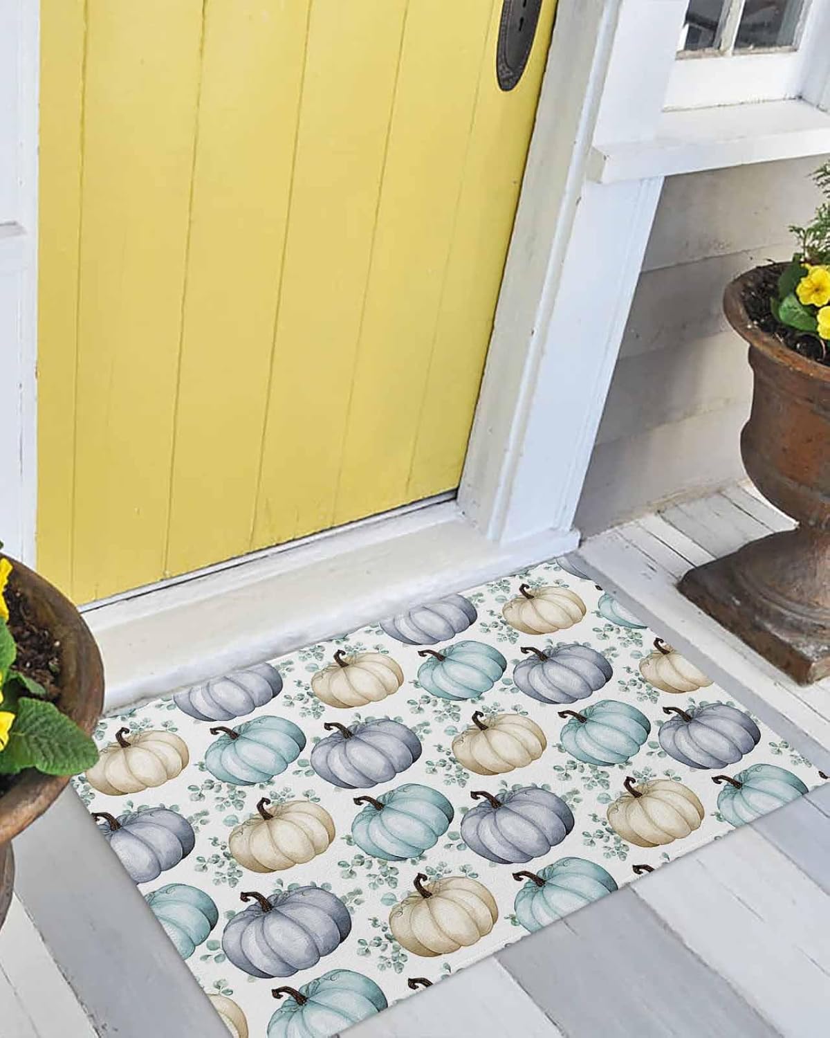 Front Door Mat, Absorbent Door Entry Mats, Doormats Indoor/Outdoor Entrance Small Rugs, Fall Thanksgiving Watercolor Pumpkin Eucalyptus Leaves Texture Doormat - Floor Mats for Home 24x36 Inch