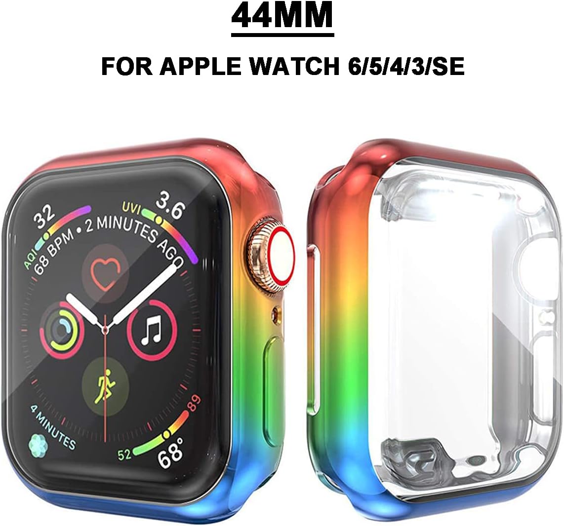 Rainbow Gay Pride Case for Apple Watch Series 6 44mm Men,LGBTQ iWatch 44 mm Face Cover Bumper Iridescent Screen Protector, Smartwatch Accessories Series6/5/SE Round Defense Edge Stuff Coming Out Gifts