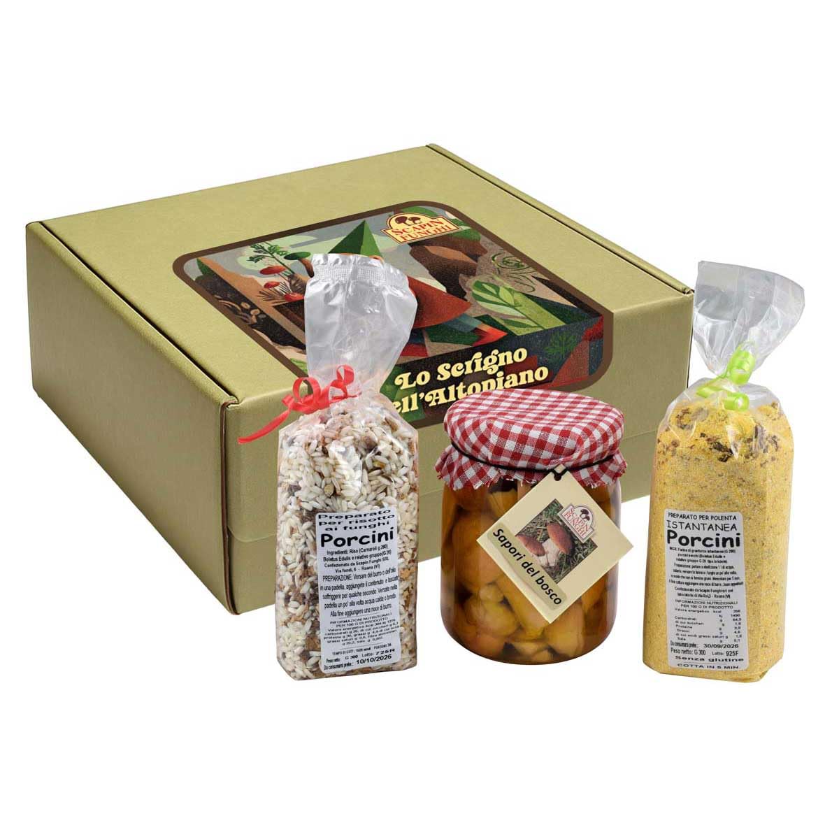 Cesta Portule - los sabores de la montaña en tu mesa, con arroz con porcini, polenta con hongos y setas en aceite. Cesta de regalo gourmet de la meseta de Asiago.