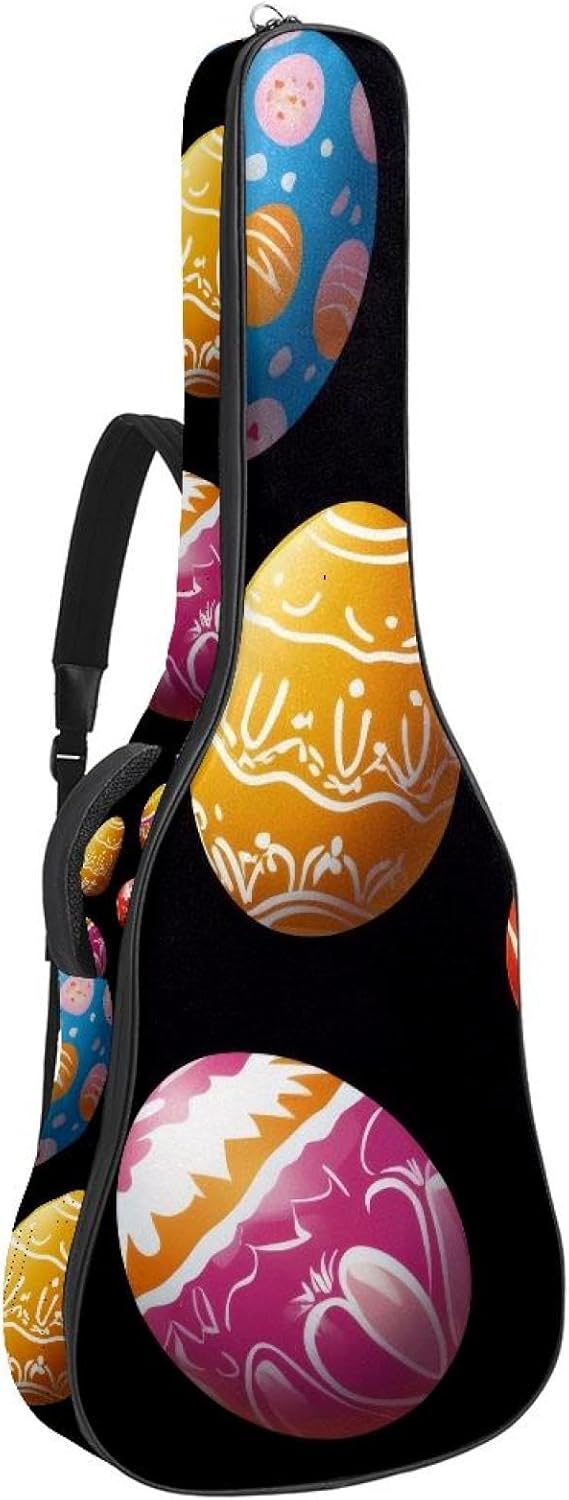 40 41 42 Inch Acoustic Guitar Bag, 0.4 In Thick Sponge Padded Guitar Case Gig Bag with Back Hanger Loop and 2 Pockets, Colorful Easter Eggs on Black Background