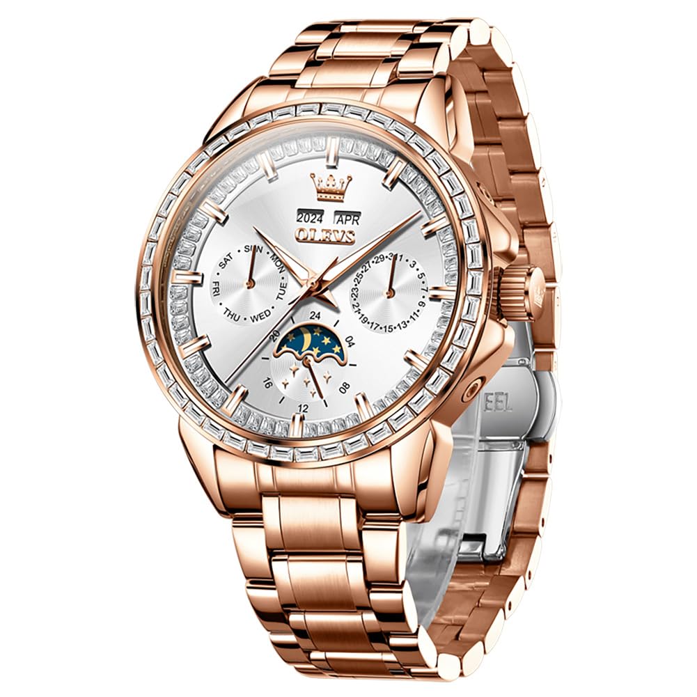 OUPINKE Herren Luxus Uhr Gold Diamant Automatik Mechanisch mit Datum Mondphase Edelstahl Leuchtend Wasserdicht Business Armbanduhr