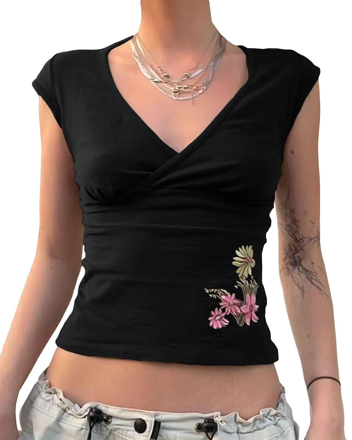 Women Y2k Floral Embroidery V Neck Crop Tops Vintage Cute Cap Sleeve Slim Fit Cropped T Shirts 2000s Baby Tees Cap Sleeve