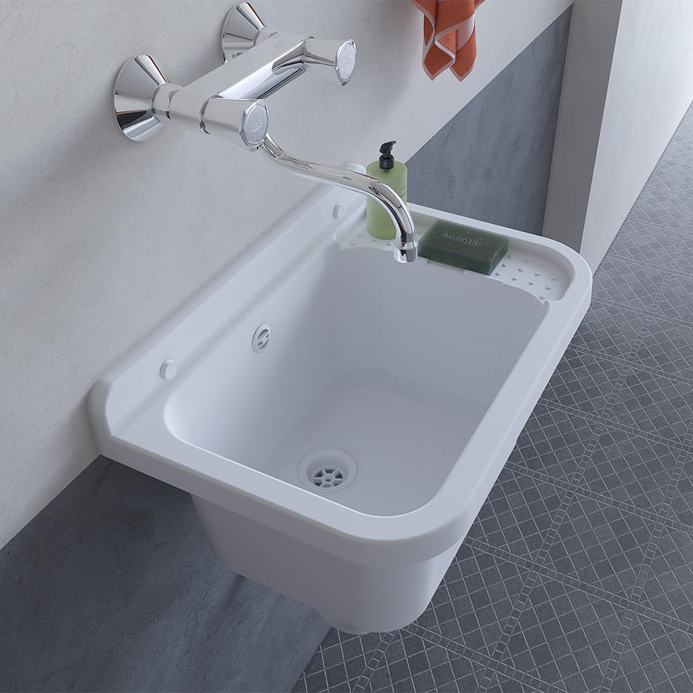 Set Pilozzo Sospeso 50x34 Cm Bianco - Vasca Lavatoio In Resina Resistente Agli Acidi Con Porta Sapone - INCLUDE Miscelatore Canna Alta Cromo In Acciaio INOX E Kit Scarico