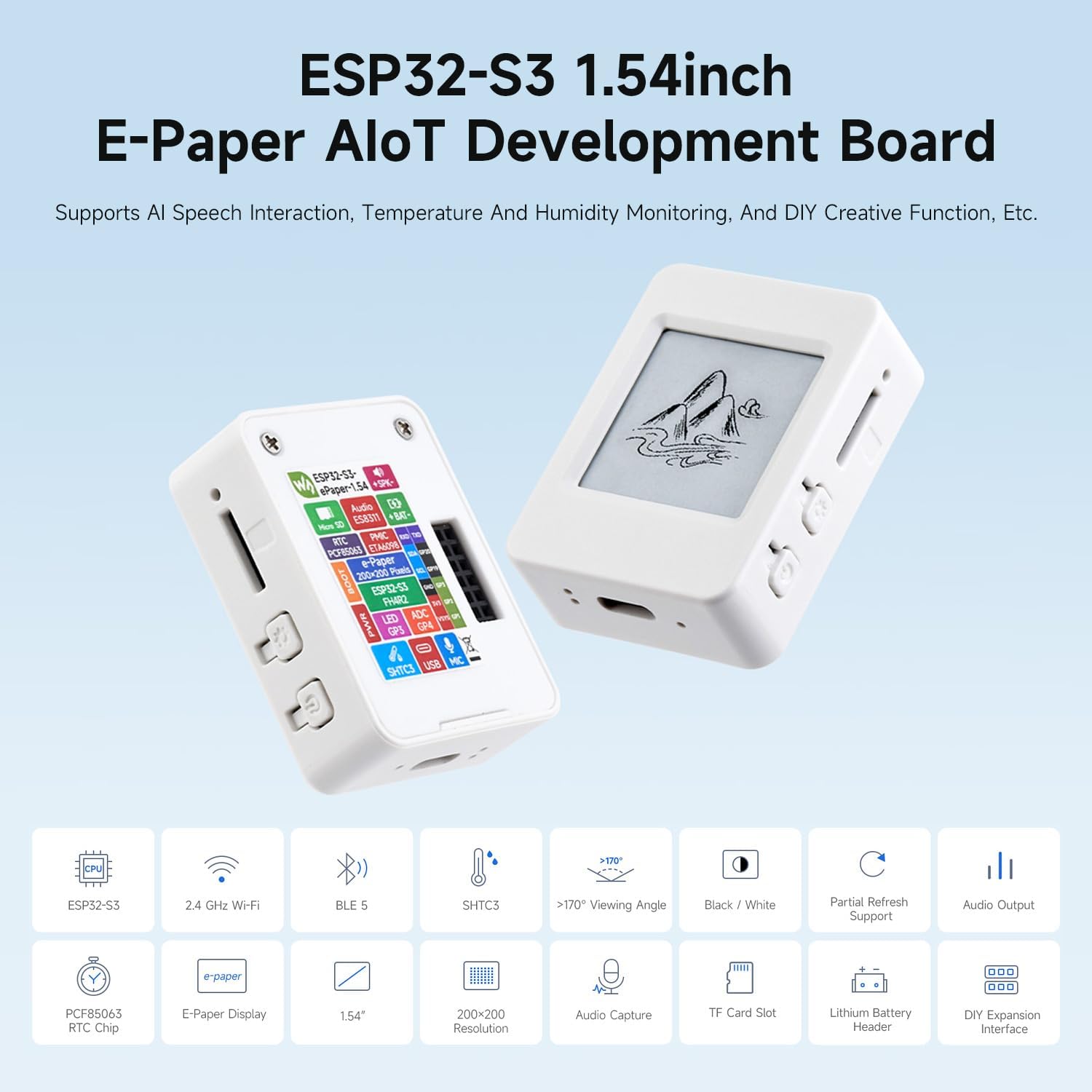 Waveshare ESP32-S3 1.54inch e-Paper AIoT Development Board, 200 × 200, Black/White, Supports Wi-Fi and BLE Dual-Mode Communication, No Battery Included