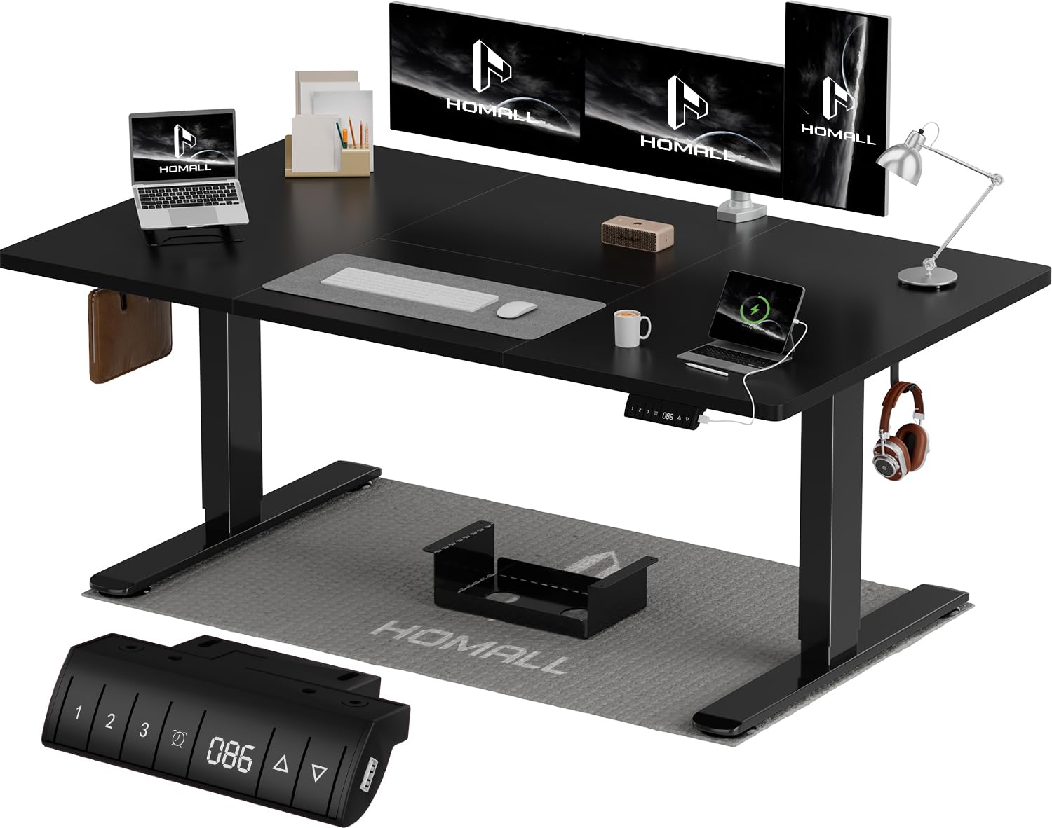 Homall Standing Desk Electric 140x80cm with USB Charging Hook, Height Adjustable Desk 3 Memory Smart Pannel, Sit Stand for Home Office Desks with Splice Board,Black