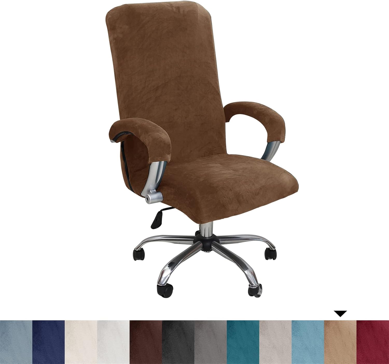 Velvet Plush Stretchable Office Desk Chair Cover - Cat Proof Elastic Comfy Protector for Ergonomic Office Chair with Wheels and Armrests, Fits Mesh and Executive Office Chairs, Removable, Brown, XL