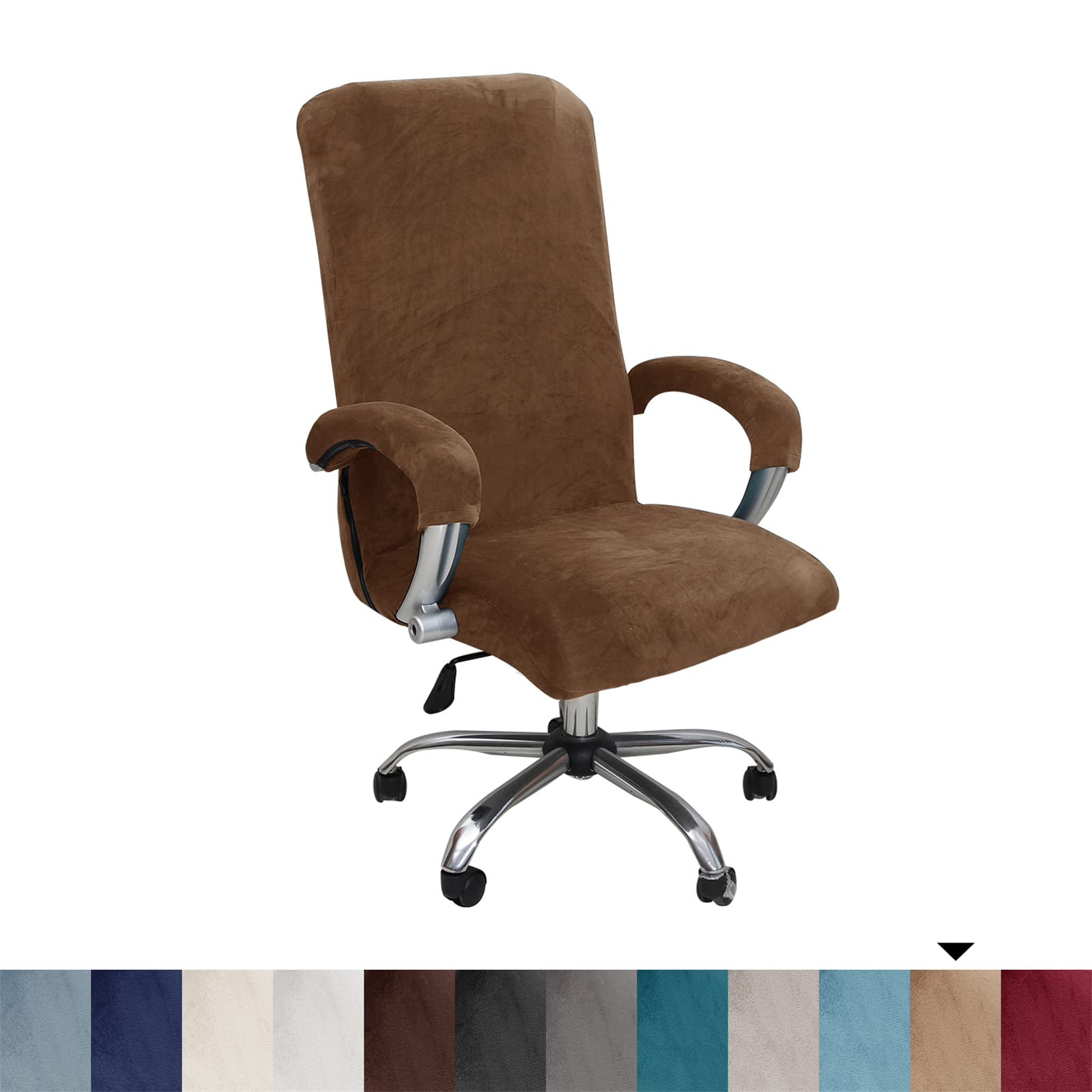 Housse de Chaise de Bureau avec Accoudoir Peluche Velours Couleur Unie,Housse pour Chaise Tissu élastique Amovible et Résistante pour Fauteuil de Bureau Rotatif Chaise,Marron,XL