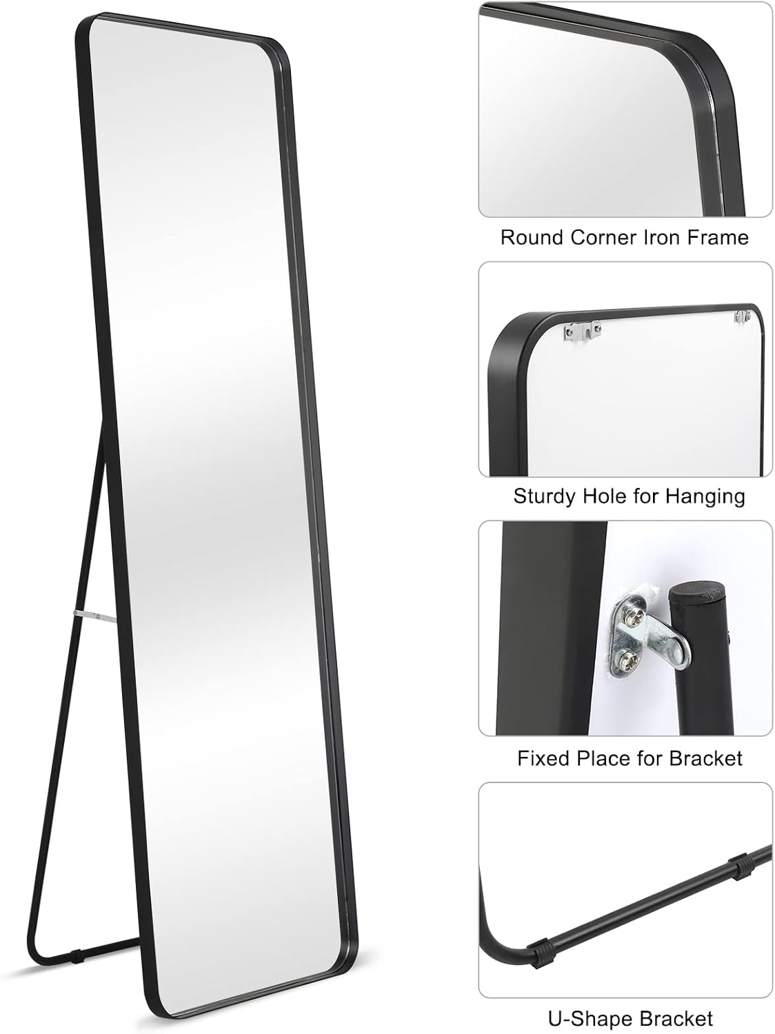 VINGLI 65"×20" Black Recessed Full Length Mirror with Free Stand&Round Corner,Metal Framed Standing Floor Mirror Wall Mounted Hanging Body Mirror Leaning Mirror for Bedroom/Living Room/Entryway