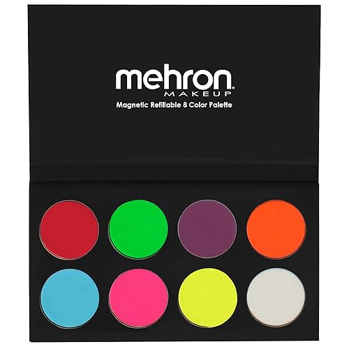 Mehron Makeup Paradise AQ - Pintura facial y corporal de 8 colores (brillo UV neón), paleta de maquillaje para cara, cuerpo, luz negra, efectos